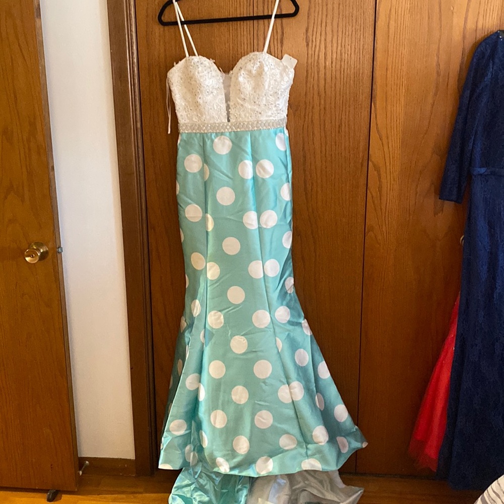 Gorgeous aqua blue polka dot gown